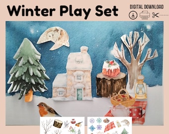 Juego de invierno, Bosque invernal de papel, Juego de simulación navideño, Animales invernales de papel, Manualidades de papel DIY, Montessori, Preescolar, Imprimible para educación en casa