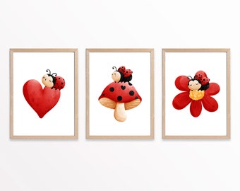 Ladybug Printable Art Set Of 3, Ladybug Valentines Wall Art, Valentines Nursery Decor, Nursery Wall Decor, Classroom Decor, DIGITAL DOWNLOAD