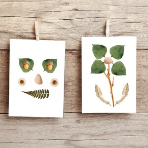 Puede incluir: Dos tarjetas blancas con ilustraciones de tem&aacute;tica natural. La tarjeta de la izquierda presenta una cara hecha de bellotas, hojas y un helecho. La tarjeta de la derecha muestra una rama con hojas verdes y dos plumas.