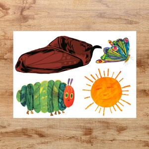 May include: A set of four colorful illustrations featuring a green caterpillar, a brown cocoon, a yellow sun with a smiling face, and a colorful butterfly with black outlines.