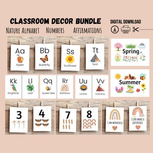 Lot de décorations pour la classe, Lot de cartes-éclair, Lot préscolaire, Cartes-éclair pour l'école à la maison, Cartes-éclair avec nombres nature, Impressions alphabet nature