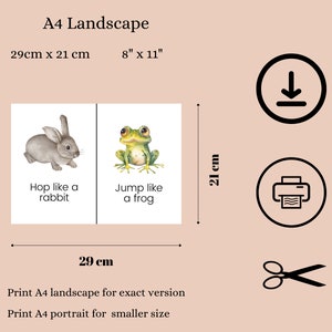 K&ouml;nnte beinhalten: Zwei druckbare Lernkarten mit einem grauen Kaninchen und einem gr&uuml;nen Frosch. Die Kaninchenkarte sagt "H&uuml;pfe wie ein Kaninchen" und die Froschkarte sagt "Sprich wie ein Frosch". Die Karten sind f&uuml;r einen A4-Querformatdruck konzipiert.