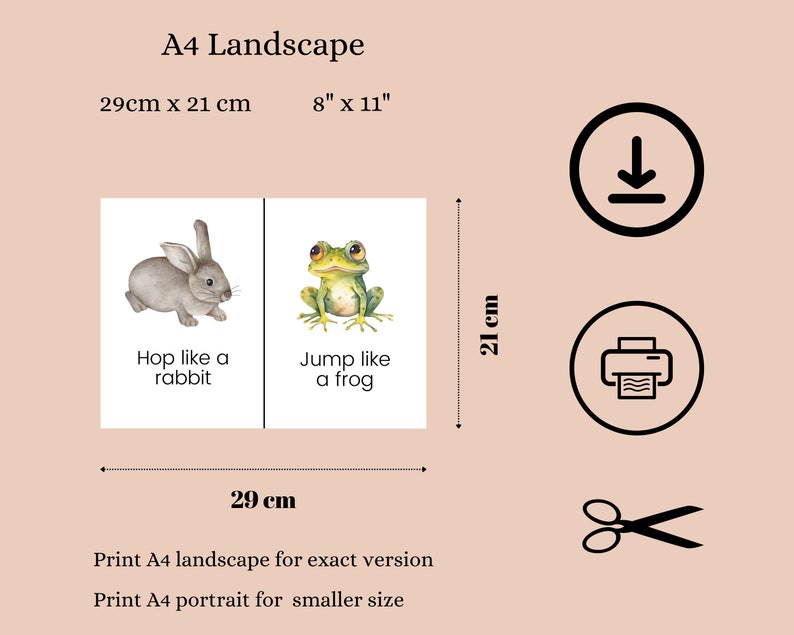 K&ouml;nnte beinhalten: Zwei druckbare Lernkarten mit einem grauen Kaninchen und einem gr&uuml;nen Frosch. Die Kaninchenkarte sagt "H&uuml;pfe wie ein Kaninchen" und die Froschkarte sagt "Sprich wie ein Frosch". Die Karten sind f&uuml;r einen A4-Querformatdruck konzipiert.