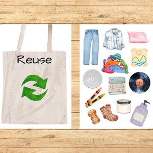 Op de afbeelding: Een witte tote bag met het woord "Hergebruik" en een groen recycle-symbool. De tas bevindt zich naast een witte kaart met illustraties van verschillende items die hergebruikt kunnen worden, waaronder kleding, een plaat, een kussen, kleurpotloden en een fles lotion.