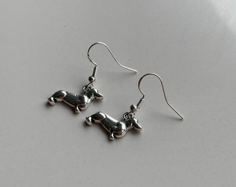 Dachshund Dangle Earrings, Sterling Silver Hooks, Dog Lover Gift