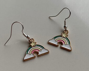 Rainbow Earrings with Star, Pastel Colors, Sterling Silver Hooks