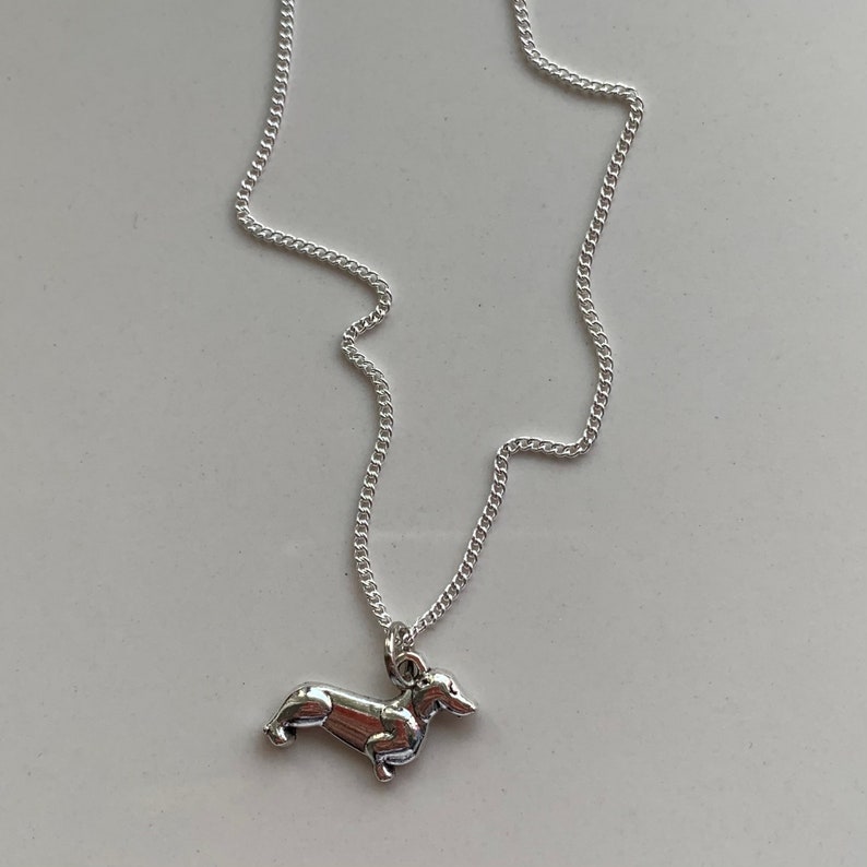 May include: A silver chain necklace with a silver dachshund pendant.
