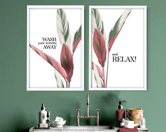 Trendy Botanical framed set of 2 wall art prints for a Relaxing Tropical Bathroom home decor, Moss Green Palm tree prints Toilet Spa Decor