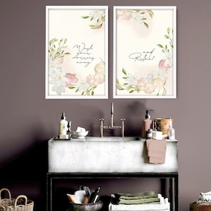 Trendy Shabby chic Decor framed set of 2 wall art prints for a Pastel Bathroom home decor, Farmhouse wall prints for Toilet Spa wall Decor