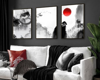 Chinese dragon set of 3 framed wall art prints for living room decor, Black Dark academia Designer gallery wall art set for new home gift