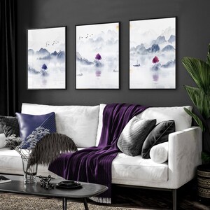 Japandi wall art decor framed 3 piece wall art set artwork for zen living room, Very Peri Large relaxing Asian Designer Japan poster prints