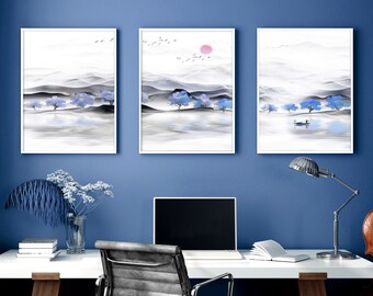 Calming Japanese Office desk Decor for men set of 3 framed panel wall art, Blue Large Japandi Designer Landscape gallery wall art set