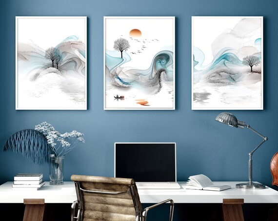 Calming Japanese Office desk Decor for men set of 3 framed panel wall art, Teal Large Japandi Designer Landscape gallery wall art set