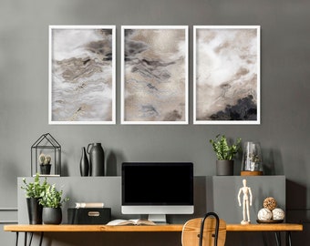 Triptych marble wall art for modern office decor, Large Textured Abstract Neutral wall art, Geode 3 piece framed wall art for men office