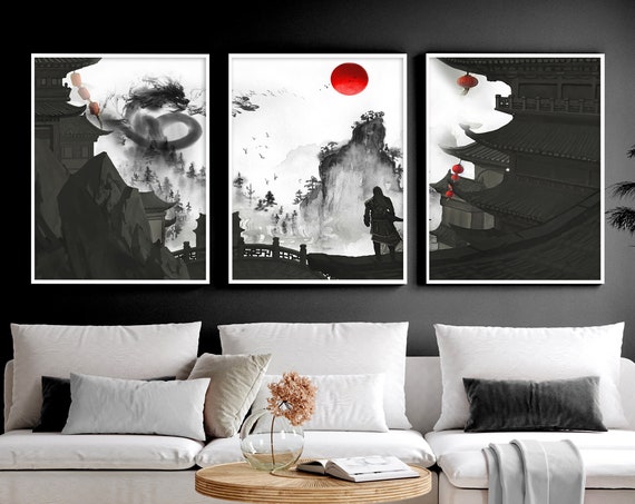 Chinese dragon set of 3 framed wall art prints for living room decor, Black Dark academia Designer gallery wall art set for new home gift