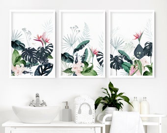 Bathroom decor wall art prints with frames, Tropical Botanical 3 piece wall art prints, Spa Decor framed wall art, relaxation gift women