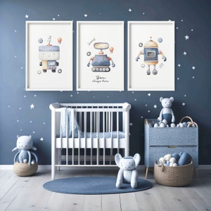 Kinderzimmer Poster, Babyzimmer Dekor, Weltraum Deko für Jungen, Kinderzimmer Poster, Weltraum Druck, Baby Blau, Roboter Drucke, Baby Blau