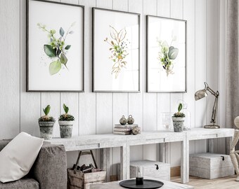 Watercolour Greenery wall art set x 3 botanical art prints, wall decor living room greenery paintings for home decor, boho art print set
