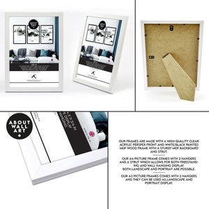 May include: White picture frame with a clear acrylic front and a white/black painted MDF wood frame. The frame is 11 3/4 inches by 13 1/4 inches and comes with a sturdy MDF backboard and a strut for freestanding or wall hanging display. Both landscape and portrait display are possible.