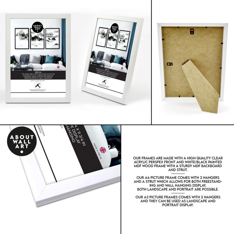 May include: White picture frame with a clear acrylic front and a white/black painted MDF wood frame. The frame is 11 3/4 inches by 13 1/4 inches and comes with a sturdy MDF backboard and a strut for freestanding or wall hanging display. Both landscape and portrait display are possible.
