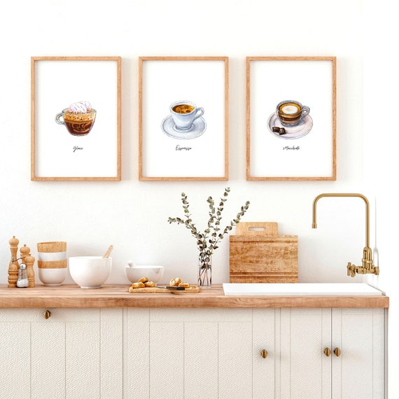 Coffee bar decor ideas, set of 3 wall art prints