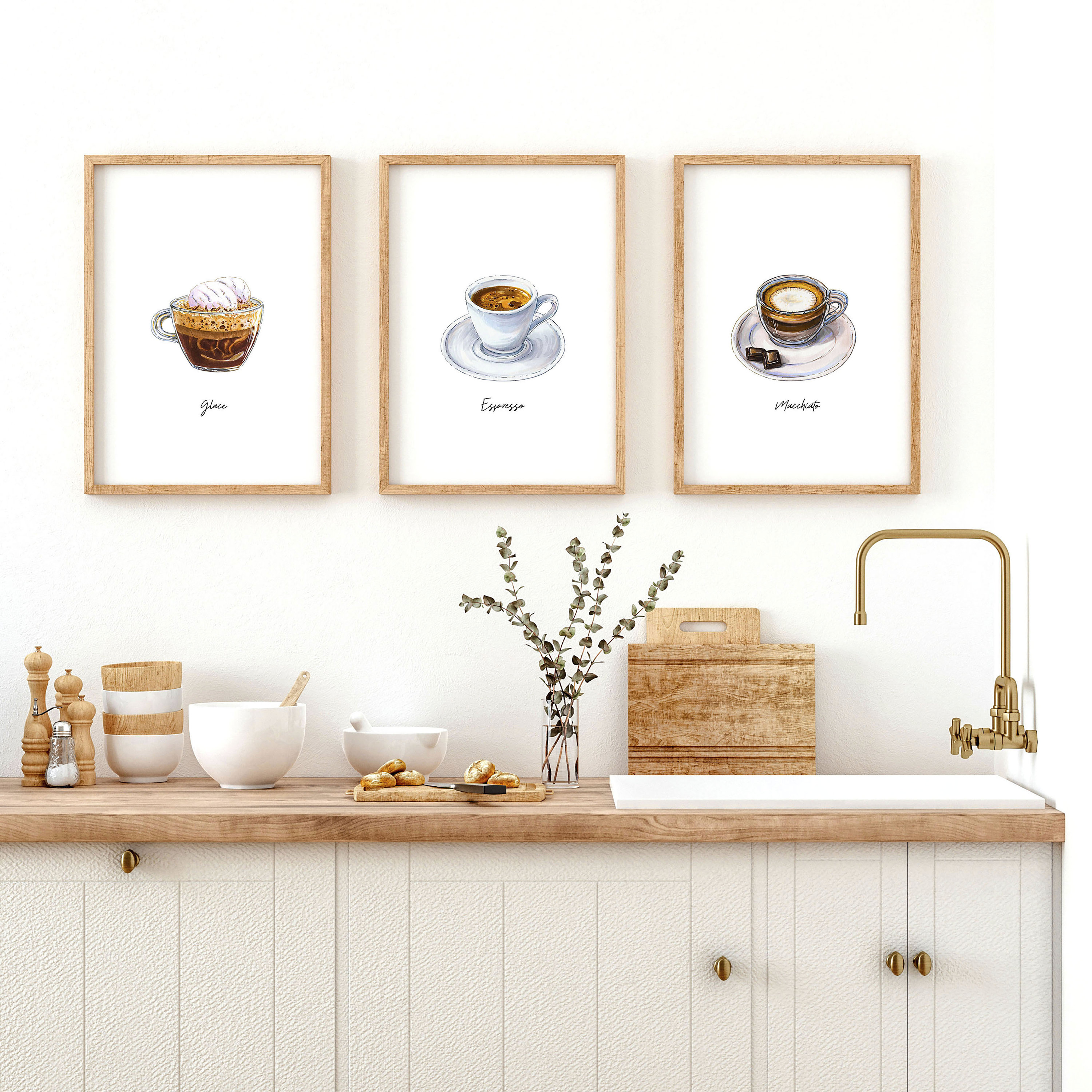 Coffee Poster Framed Wall Art Prints Set of 3 for Coffee Bar Decor