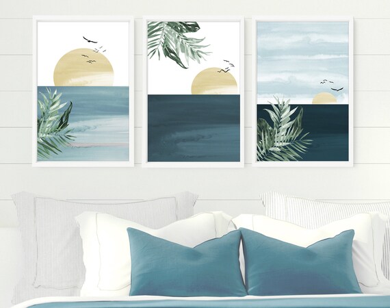 Beach themed Home decor Trendy and framed 3 piece wall art prints Set, Nautical Decor, Ocean Coastal Wall Art Decor, Lake house