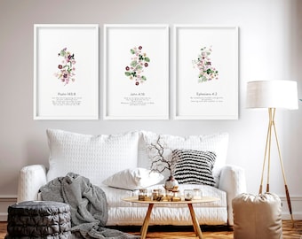 Modern Botanical Christian Bible posters, Set of 3 Bible Sketches Framed wall art prints, Purple Christianity wall art decor