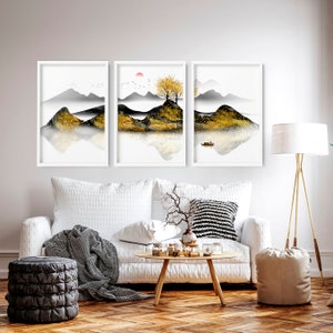 Living room Decor Calm Japandi Watercolor Gallery wall Set of 3 Framed Zen art prints