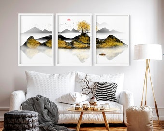 Living room Decor Calm Japandi Watercolor Gallery wall Set of 3 Framed Zen art prints