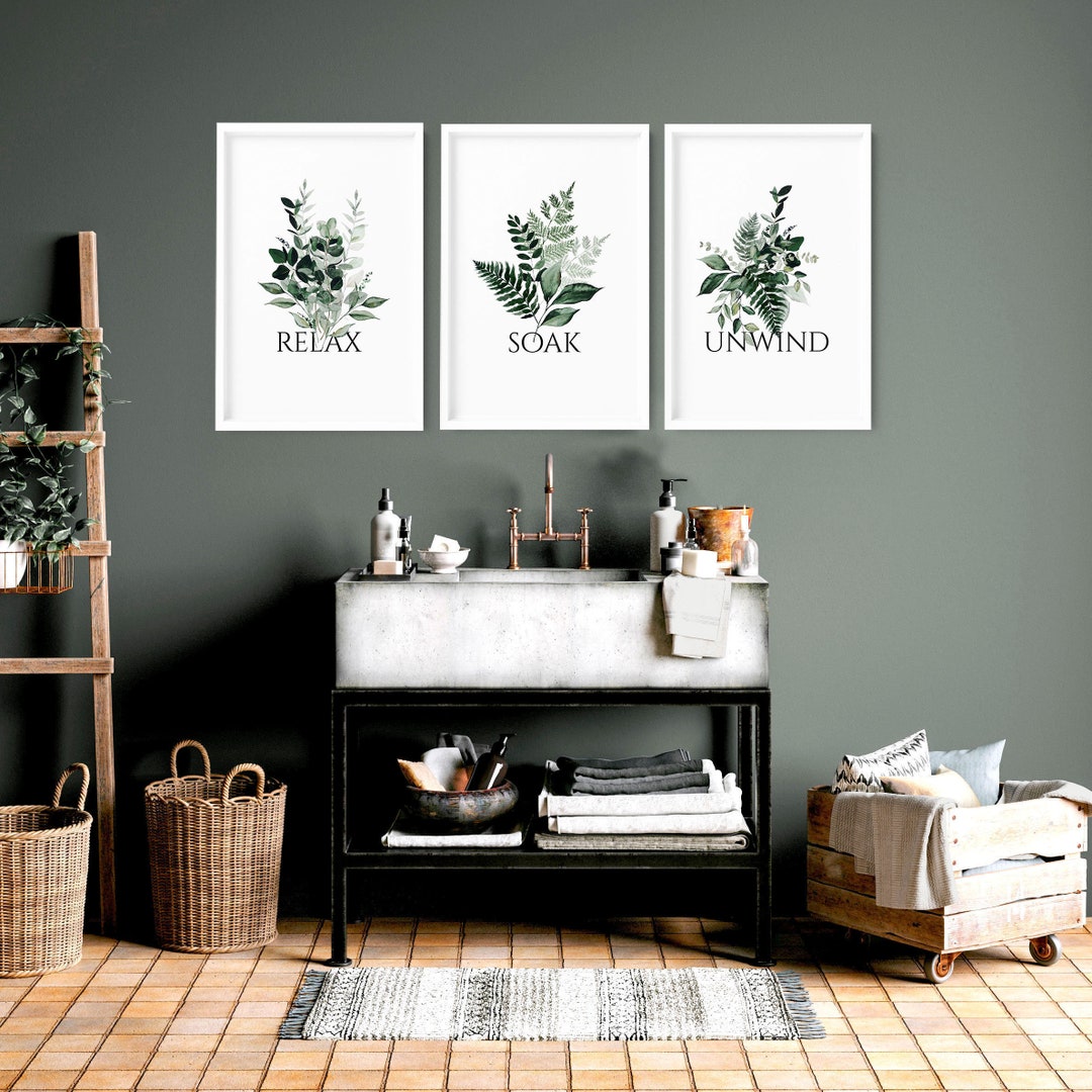 Home Bathroom and Spa Bohemian Wall Decor, Sage Green Guest Bathroom ...