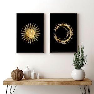 Sun and moon set of 2 framed wall art prints for living room decor, Black & Gold extra large Designer gallery wall art set for new home gift
