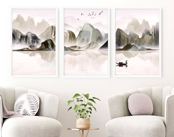 Living room Decor Calm Japandi Watercolor Gallery wall Set of 3 Framed Zen art prints, Large Japanese landscape wall art for new home gift