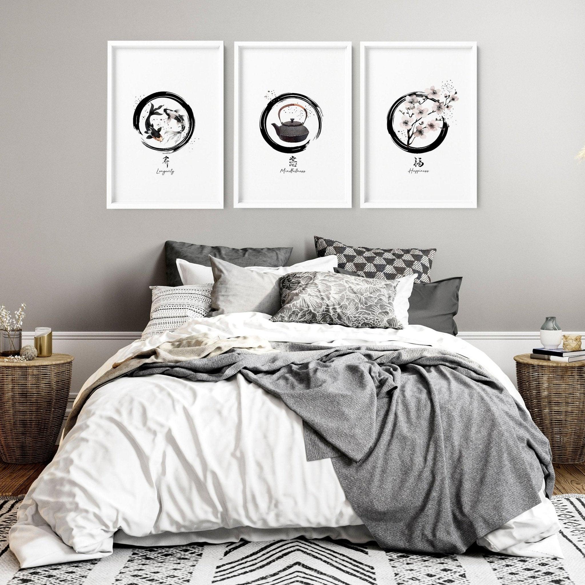 Japanese Wall Art Decor, Cherry Blossom Japandi Framed 3 Piece