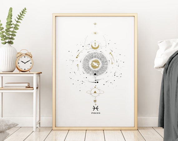 Pisces Zodiac framed wall art print for February & March Birthday gift, Pisces Trendy Designer Horoscope Star Constellation Wall Hanging