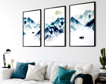 Watercolor Minimal Landscape Mountain Set of 3 Prints, Living room Wall Decor, Above The Bed Wall Art, Wall Hangings Home Office Decor