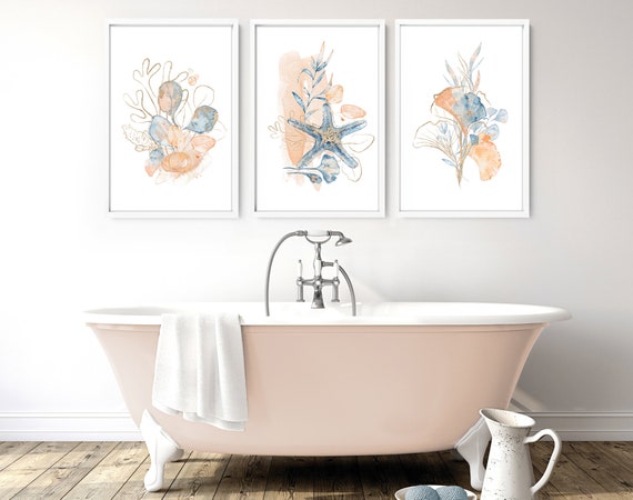 Trendy Seashells framed set of 3 wall art prints for a Coastal home decor bathroom & Spa, Peach wall art prints for Toilet Lake house Decor