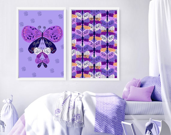 Butterfly set of 2 framed wall art print for baby girl nursery decor, Lavender Personalised name sign art for little girl Nursery decor