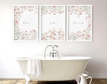 Väggkonst för badrum, inramad väggkonst set med 3 delar, Badrumsdekor med spa-tema, Botaniska shabby chic-konsttryck för badrum, Relaxskylt