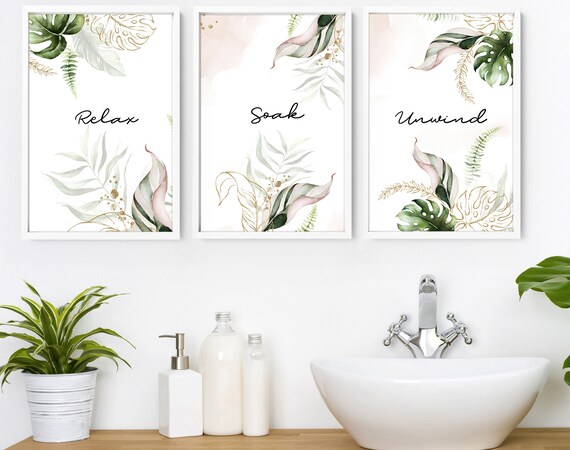 Trendy Shabby Chic framed set of 3 wall art prints for home decor bathroom , Watercolour Greenery wall prints for Relaxation Spa wall Decor