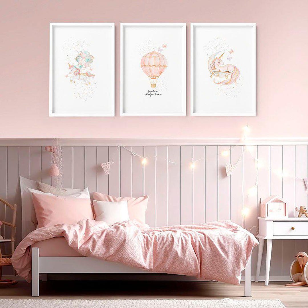 Unicorn Wall Art, Hot Air Balloon Nursery, Set of 3 Framed Wall