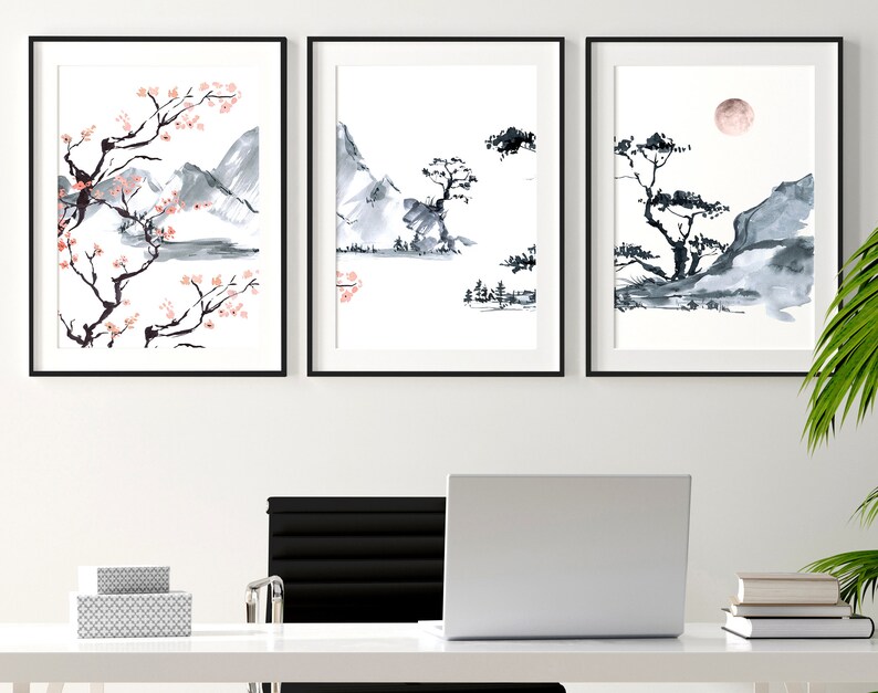 Japanese Zen Home Office Decor for Men Set of 3 Framed Wall Etsy