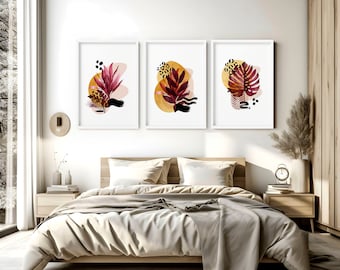 Bohemian botanical set of 3 framed wall art prints for a tropical and relaxing Bedroom Decor, Burgundy gallery wall art set Above Bed Decor