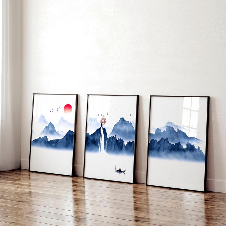 Calming Japanese Office desk Decor for men set of 3 framed panel wall art, Blue Large Japandi Designer Landscape gallery wall art set