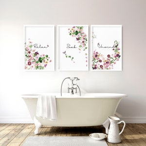 Botanical Floral framed set of 3 wall art prints for a Shabby Chic Bathroom home decor, Relax soak unwind wall prints for Toilet wall Decor