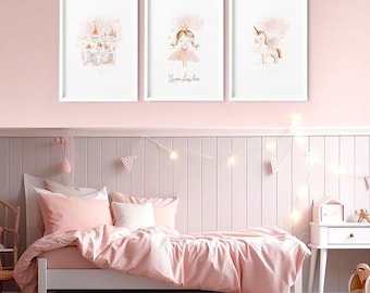 Impresiones en lienzo para niña, arte de pared para guardería de princesas, arte de pared enmarcado para habitación de niñas, letrero con nombre para niña, decoración de dormitorio de niña pequeña