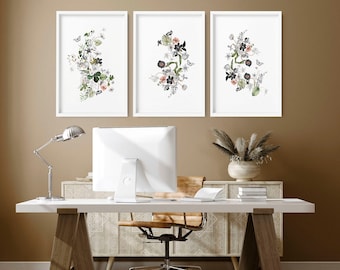 Decoración de oficina en casa para mujeres, juego de 3 impresiones artísticas de pared enmarcadas, acuarela verde salvia, arte de pared de diseñador, decoración profesional de oficina
