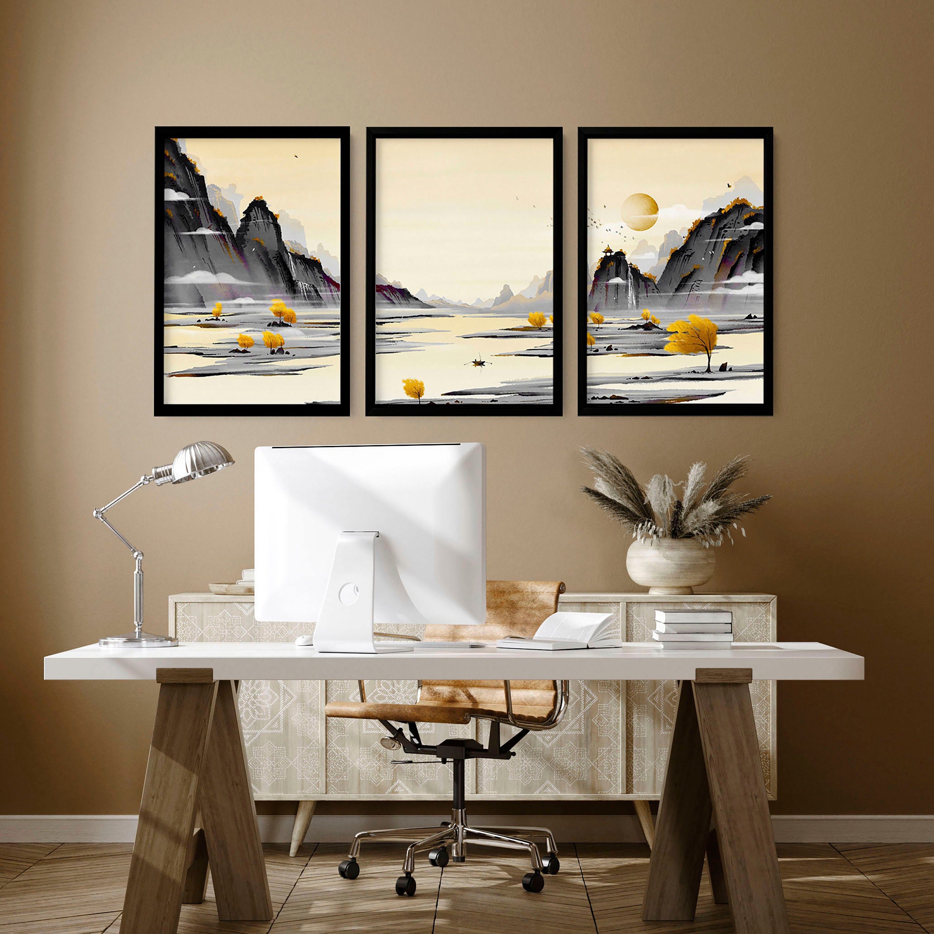Japandi Home Office Decor for Men Set of 3 Framed Wall Art Prints