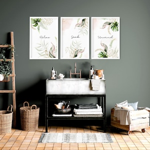 Bathroom decor wall art prints with frames, Botanical Shabby Chic 3 piece wall art prints, Sage green French Country Spa Decor wall art