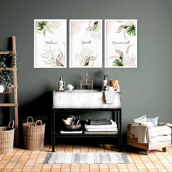 Women Bathroom Art Prints, Plant Prints, Relax Sign Bathroom, Spa Bathroom Decor, Quotes Print Set of 3, Tropical Prints, Botanical Bathroom
